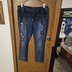 Maurices dark wash distressed with some patching pictures show.